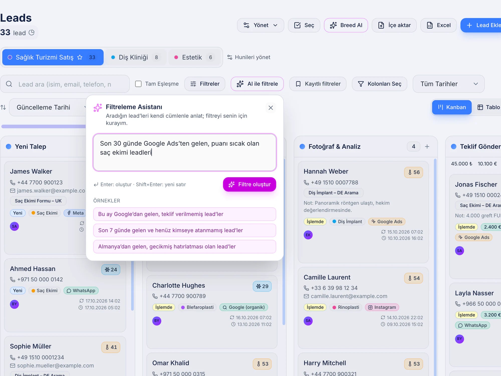 Filter-Assistent von Breed CRM: eine in Alltagssprache formulierte Filteranfrage und Beispielanfragen über dem Lead-Board