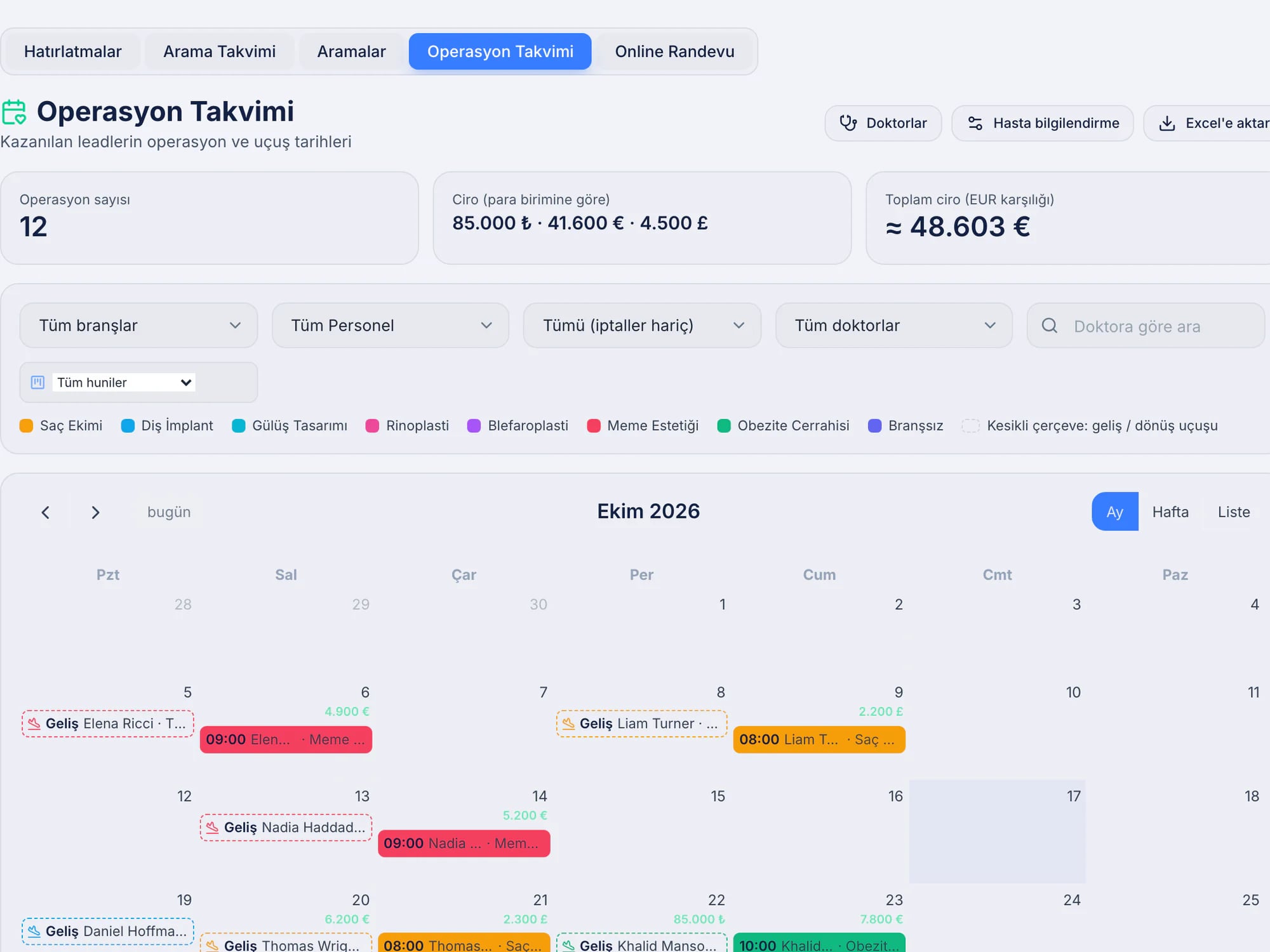 Operationskalender von Breed CRM: geplante Operationen in der Monatsansicht